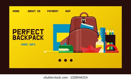School supplies vector education schooling accessory for schoolchilds landing web page backdrop educational stationery for studying in classroom illustration web-page background