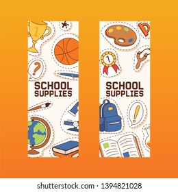 School supplies vector education schooling accessory for schoolchilds backdrop educational stationery for studying in classroom sticker illustration set of background.