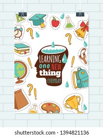 School supplies vector education schooling accessory for schoolchilds backdrop educational stationery for studying in classroom sticker illustration background.
