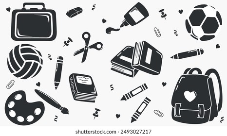 School supplies supplies. Vector flat illustration in black hand drawn style, silhouettes. Back to school, school supplies for children, kindergarten