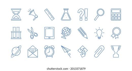 School supplies vector icon, blue thin line set isolated on white background. Education illustration