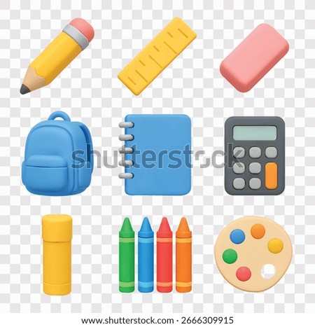 School Supplies  Vector Icon Set | 3D icon set | Pencil, Ruler, Eraser, Backpack, Notebook, Calculator, Glue Stick, Crayons, Paint Palette