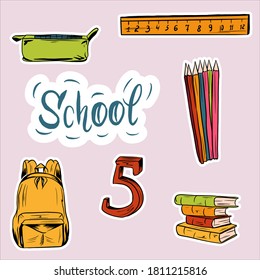 School supplies in vector. Icons in the form of stickers. Vector line illustration. Things needed at school