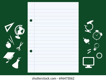 School supplies vector illustration. Blank sheet of paper. Set of school icons. Back to school vector
