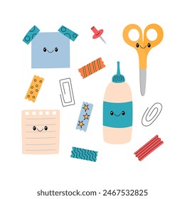 School supplies vector illustration. Educational characters. Office stationery elements. Cute funny doodle style. Memo note, scissors, tapes, glue, paper