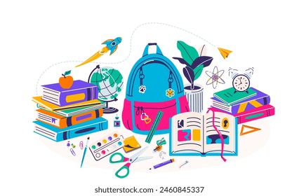 School supplies vector illustration, group on the center with pen, pile books, backpack, plant, paper plane, scissors, stationery accessory. Back to school and education concept isolated on white.