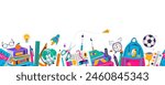 School supplies vector illustration. Horizontal banner, back to school tools. Stationery design, pen pencil, book, backpack on seamless border frame background. Isolated on white, copy space.