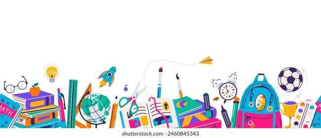School supplies vector illustration. Horizontal banner, back to school tools. Stationery design, pen pencil, book, backpack on seamless border frame background. Isolated on white, copy space.