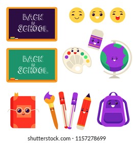 School supplies vector illustration set - flat cartoon characters of various items for educational process isolated on white background. Cute elements for back to school concept.