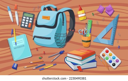 Die Schule liefert Vektorgrafik-Set. Rucksack, Stifte, Bürsten, Notizbuch, Farben, Lineal, Schärfer, Sticker, Taschenrechner, Bücher, Kleber. Zurück zum Schulkonzept.