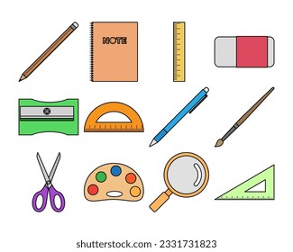 School supplies vector illustration set, back to school, pencil, book, ruler, eraser. Flat design outline