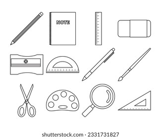 School supplies vector illustration set, back to school, pencil, book, ruler, eraser. Flat design outline