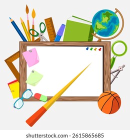 School supplies in vector illustration.Colored vector illustration with school supplies and a blackboard on a transparent background.
