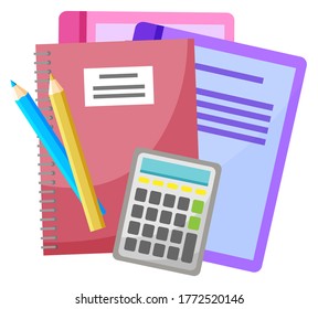 School supplies vector, isolated book and textbook, notebook pad with spiral. Calculator for making calculations, pencil and pen estimator flat style. Back to school concept. Flat cartoon
