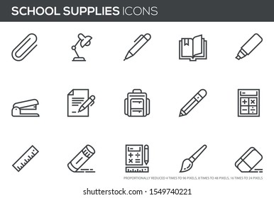 School Supplies Vector Line Icons Set. Paper Clamp, Pencil, Document, Stapler, Schoolbag. Perfect pixel icons, such can be scaled to 24, 48, 96 pixels.