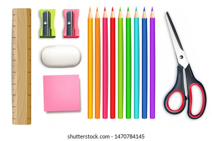 School supplies Vector realistic. Crayons, ruler, notes detailed 3d illustration