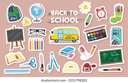 School supplies vector set. Back to school concept. Stationery supplies. Education theme. Flat vector in cartoon style. Globe, school bag, clock, color box, high light pen, book, blackboard, glasses