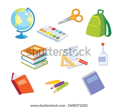 School supplies vector set cartoon icons flat design. baby kids children's school objects isolated on white background. Back to school.