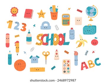 School supplies vector set. Cute funny educational characters pen, book, ruler, letters, numbers. School lettering and office stationery elements. Colorful hand drawn doodle illustrations collection