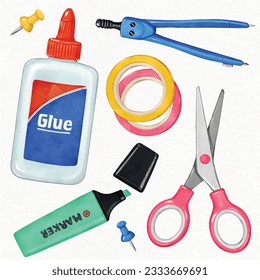 School supplies vector set in watercolor style, scissors, glue, drawing compass, washi tape, marker. student equipment. Back to school concept.