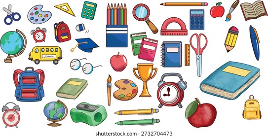 Conjunto de pegatinas de Vector de útiles escolares, Colección de iconos de Educación de regreso a la escuela