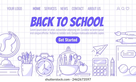 School supplies vector website template. Globe with books, apple, backpack with stationery, paper airplane, calculator, alarm clock, notebook and glasses. For web, landing page. Checkered background