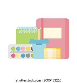 School supplies: watercolors, water bottle, notepad, note paper in cute colors