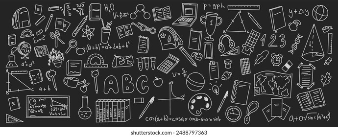 Suministros escolares línea blanca Vector doodle iconos Paquete en el espacio negativo. Ilustración dibujada a mano de Educación en blanco y negro