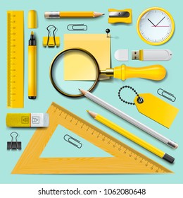 School supplies, yellow stationery accessories on mint background, top view, vector illustration