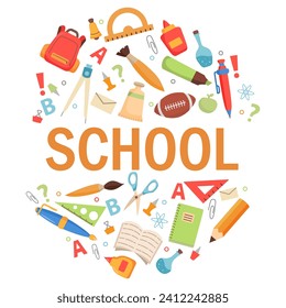 School supplies.Back to school. Education hand drawn symbols. school icon.Design for web, site, advertising, banner, poster.Stationery elements. Office supplies.Sports equipment.Backpack school.