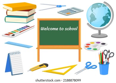 School supplies.Blackboard scissors fountain pens pencils rulers globe paints and calculator on a white background.Vector illustration.