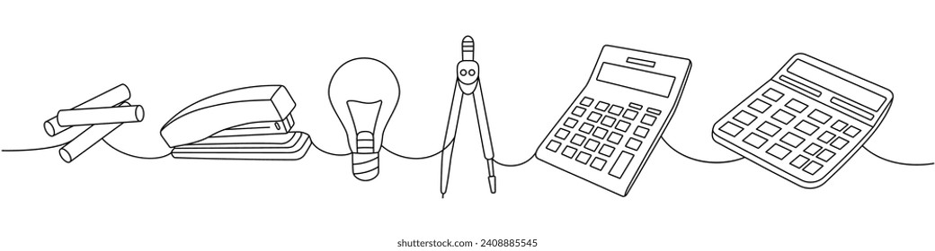 School supply assortment. Back to school one line continuous drawing. Calculators, compass divider, chalk pencil, crayons, office stapler, light bulb