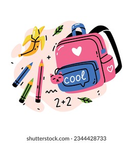 School Supply with Backpack, Banana and Pencils Vector Composition