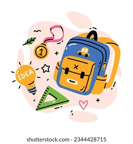 School Supply with Backpack, Ruler, Lightbulb and Medal Vector Composition