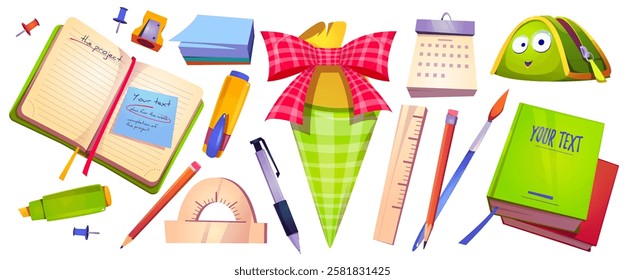 School supply collection with green German Schultute cone, books and notebook, pens, and ruler, calendar and pins, marker and case. Educational items with cute cartoon primary student stationery.