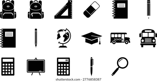 School supply education icons set with books pencils classroom elements