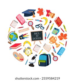 School Supply and Item Round Composition Design Vector Template