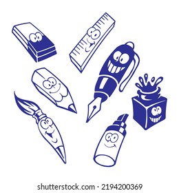School Supply Items With Happy Faces Vector Illustration. Back To School
