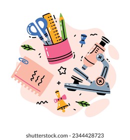 School Supply with Microscope, Bell, Notepad Paper and Ruler with Scissors Vector Composition