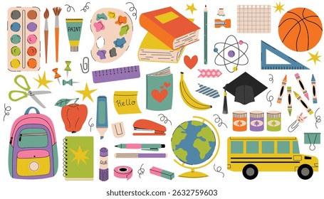 School supply. Playful cartoon style set of back to school elements featuring stationery, student hat, school bus, books, notes, and backpack. Art, craft and school supplies.