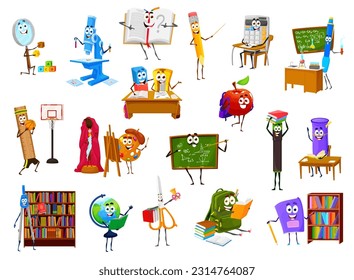 School supply stationery characters. Cartoon vector set funny apple, ruler, textbook and eraser, palette, scissors and compass, calculator, microscope and brush. Blackboard, pencil case, bag, glass