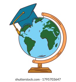 school symbol, hat graduation with world planet earth school supply vector illustration design