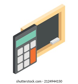 School symbol icon isometric vector. Chalkboard with piece chalk and calculator. Learning and education concept