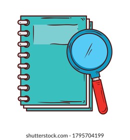 school symbol, notebook supply with magnifying glass vector illustration design