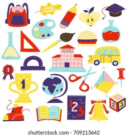 School symbols accessories flat icons set with schoolbus schoolbooks scissors geometrical figures schoolbag bell isolated vector illustration 