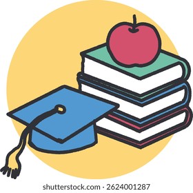 School Symbols Books with Apple and Mortarboard. Perfect for educational materials, school-related projects, and designs that highlight the importance of learning and academic excellence.