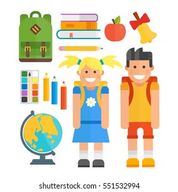School symbols and kids vector set.
