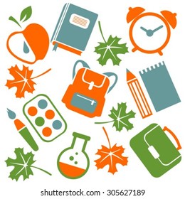 School symbols and leaves on a white background.