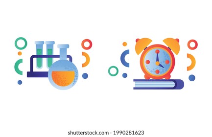 School Symbols Set, Chemistry Flasks, Alarm Clock and Books Flat Vector Illustration