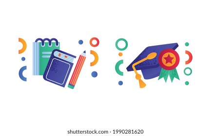 School Symbols Set, Graduation Cap, Notebook and Pencil Supplies Flat Vector Illustration